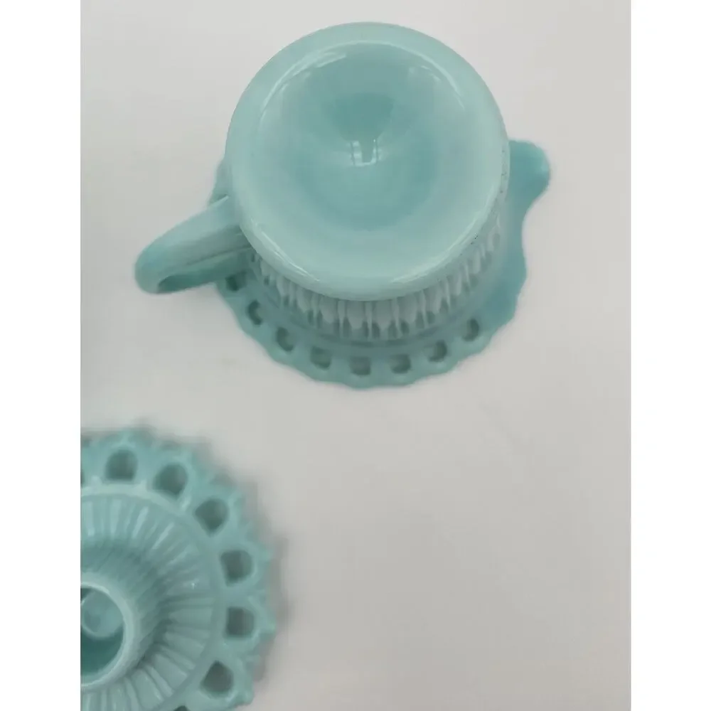Fostoria Randolph Blue Milk Glass Cream Sugar & Candlestick Holder Set